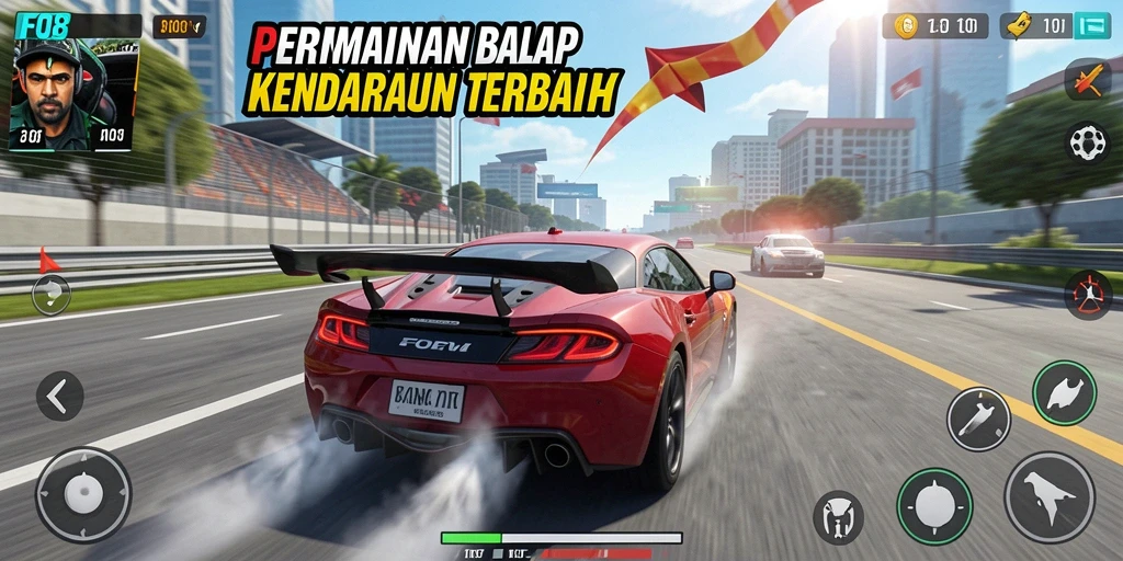 Screenshot utama FO8 menampilkan momen balap yang mendebarkan di lintasan.