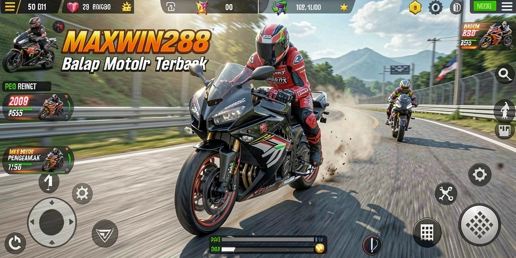 Gameplay seru dan intens di MAXWIN288 saat balapan motor.