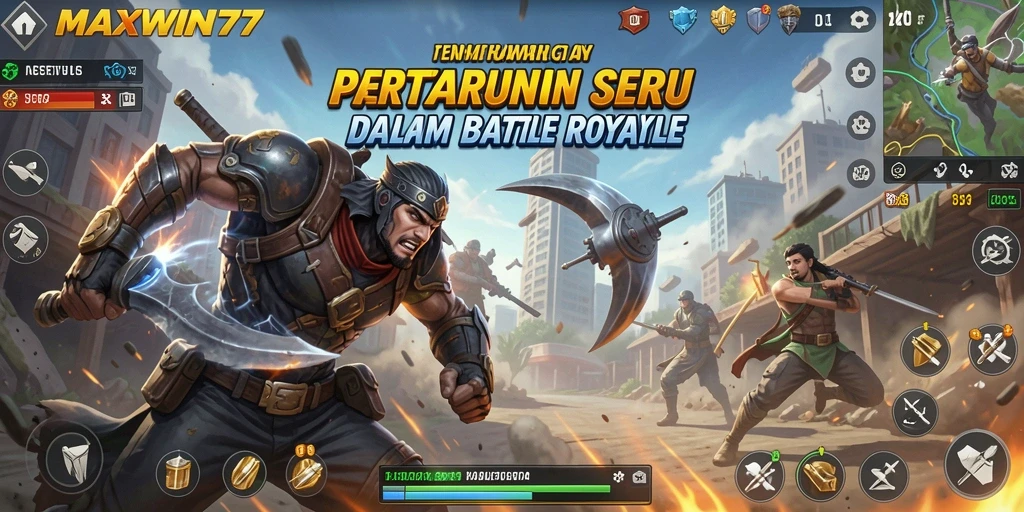Gameplay mendebarkan dalam MAXWIN77 Battle Royale.